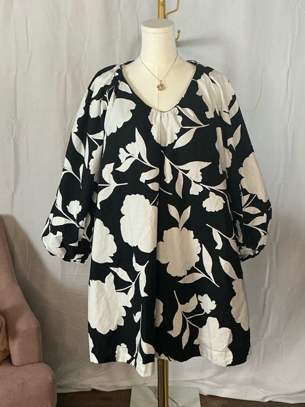 Kate Spade Black White Floral Blouse Puff Sleeve Cotton Top Size M